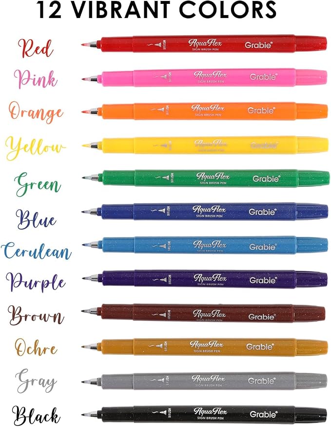 Grabie AquaFlex Sign Brush Pen Set of 12 – Flexible Brush Tip with Waterproof, Archival Ink for Calligraphy, Journaling, Drawing & Illustration – Vibrant, Quick-Drying, Non-Toxic & Smudge-Proof