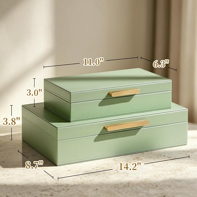 JARLINK Decorative Storage Boxes with Lids, PU Leather Bins, 2 Pack, Sage | Elegant Keepsake & Memory Boxes for Photos, Documents & Remotes, Premium PU Leather Organizers for Bookshelf & Home Decor