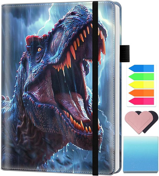 A5 Leather Lined Journal Notebook, 200 Pages Hardcover Executive Notebook for Men Women Office School Note Taking, Thick Writing Paper Daily Journal with Bookmarks/Indexes,Dinosaur