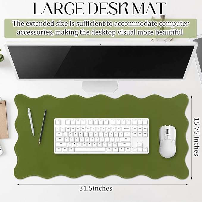Hahafelt Scalloped Desk Mat Large Desk Pad Cute Coquette Table Mat Back to School Preppy Table Make up Pad Nonslip Graduation Gift with Stitching Waterproof Gaming(Dark Green,31.5 x 15.8 Inches)
