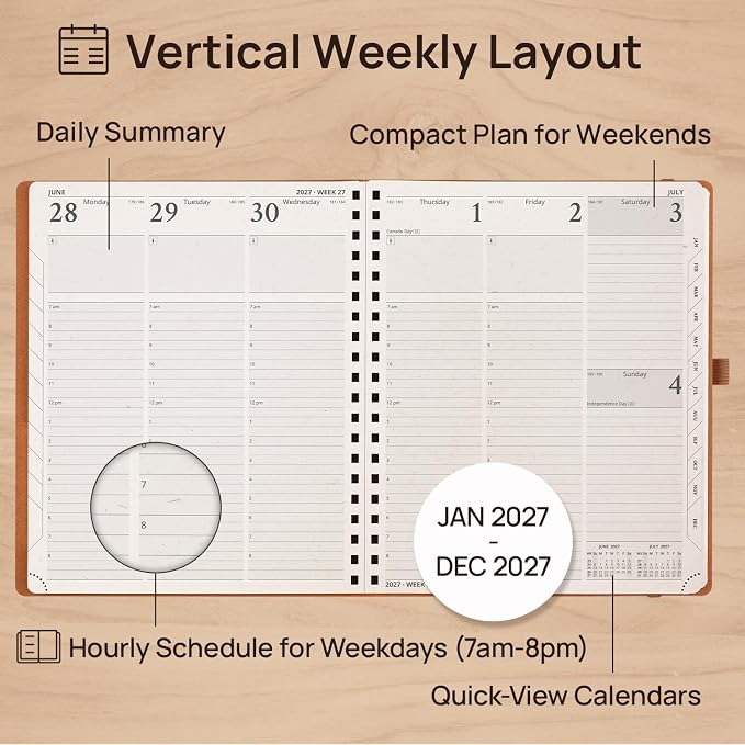 POPRUN 2027 Planner,8.5''x10.5'' Recycled Paper Weekly and Monthly Calendar | Daily Calendar Book with Italian Regenrated Leather, Appointment Book with Hourly Time Slots, Pen Holder - Desert Brown