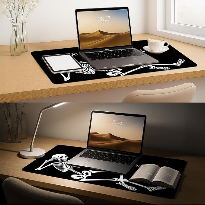 Britimes Black Skull Frame Desk Mat Funny Skeleton Deak Pad Non-Slip PU Leather Large Keyboard Mouse Pad Office Desktop Accessories for Office,Work,Home Decor(31.5"X15.7")