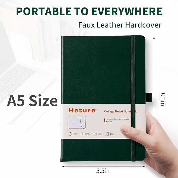 Heture Hardcover Journal Notebooks, A5 Lined Notebook for Writing and Work, 160 Pages 100 GSM Thick Paper, Ruled Notebooks Bulk with Elastic Closure, Hardcover Notebook for Work, School, Travel, Note Taking (Forest Green, 1 Pack)