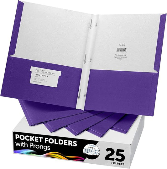 FILE-EZ Two-Pocket Folders with 3-Prong Fasteners, Purple Color, 25-Pack, Durable Textured Paper, Matte Finish, Letter Sheet Size (EZ-92545)