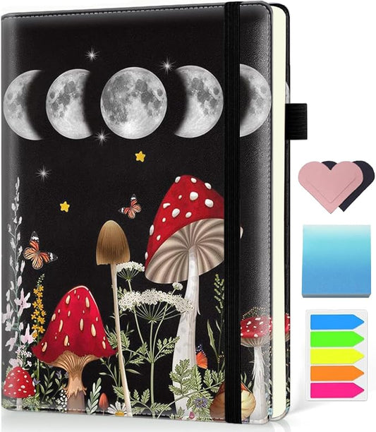 Hardcover Executive Notebooks, A5 PU Leather Lined Journal Notebook, 200 Pages Thick Paper Subject Notebooks for School,Work,Home Writing Business Notebook, Diary Book ，Mushroom