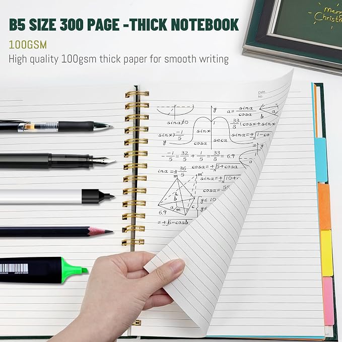 Hardcover Spiral Notebook with removable dividers 300 page,5 Subject Notebook 8"x10" B5 College Ruled Notebooks for Work Note taking，Lined Journal for Women (Black)