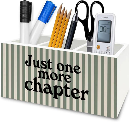 Book Lover Classroom Pen Pencil Holder Organizer for Desk, Just One More Chapter Bookish Striped Wooden Box Signs Decorations for Reading Nook Room Library Desk Tabletop, Book Lover Reader Gifts