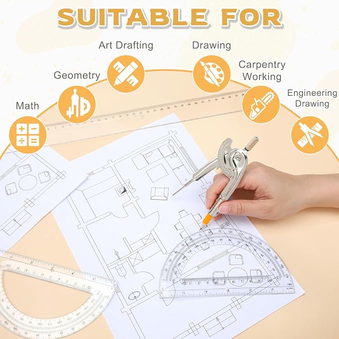 Mototo 2-PCS Geometry Tool Set, Math Compass for Geometry and 6 Inch Protractor Set Include Metal Compass with Pencil and Clear Plastic Protractor for Student Classroom Office Woodworking Art Drawing