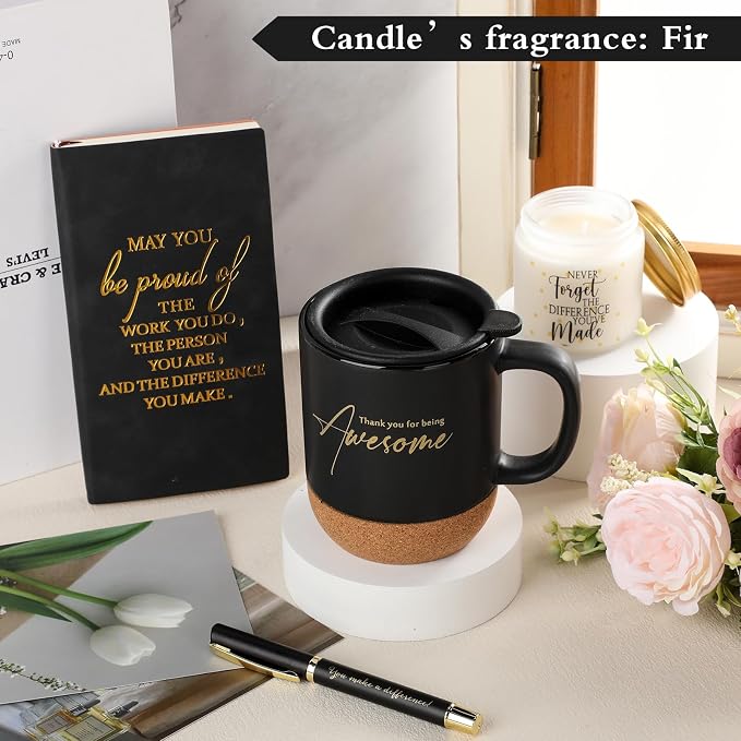 Sayglossy 4 Pcs Thank You Gifts Set for Men Back to School Teacher Appreciation Gift Leather Notebook Inspirational Coffee Mug Scented Candle Ballpoint Pen for Male Employee Coworker Nurse Boss, Black