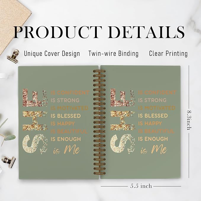 Self Care She Is Me Spiral Notebook, Sage Green Gold Inspirational Affirmations Journal Notebook, Self Love Notebooks for School Work, Positive Office Supplies Gifts for Women Girls, 5.5x8.3 Inch