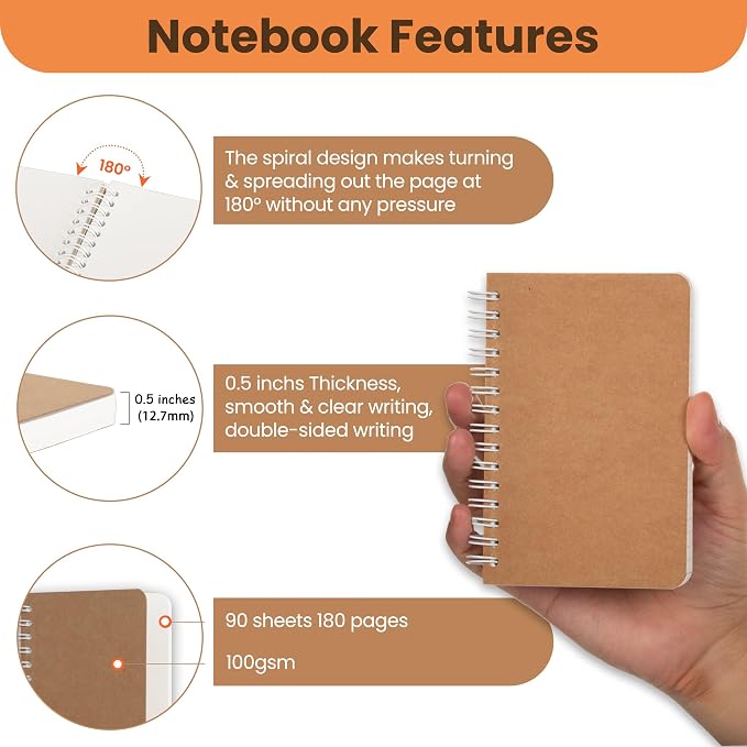TWONE Spiral Notebook, 5 Pack Aesthetic Notebooks Spiral Journal Notepad Kraft Cover Lay Flat Sketchbook Journals for Writing Drawing Note Taking, 3.5”x5.5”, 180 Blank Pages, 90 Sheets