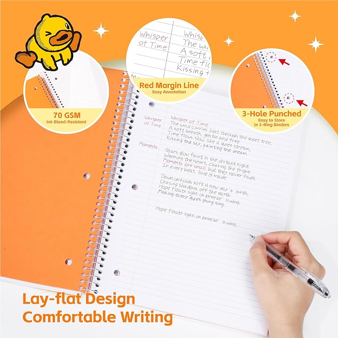 Comix Plastic Cover 3 Subject Notebook, 150 Sheets 8-1/2" x 11" College Ruled Notebook with 3 Dividers for Office/School/Home, Orange