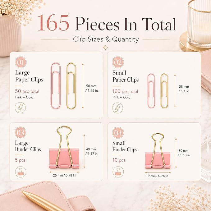 Pink and Gold Paper Clips Binder Clips Set with Storage Box, 165 Psc, Assorted Size Decorative Office Clips, Cute Desk Accessories for School, Home Office, Planner, Journal and Documents