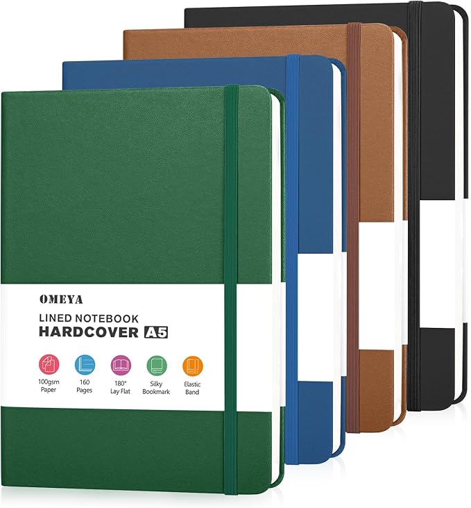 OMEYA Hardcover Journal Notebooks for Work: 4 Pack, A5 100gsm Lined Paper | Multicolor, 5.7" x 8.3", PU Leather Cover, Notebooks for Office, School, Meetings, Daily Plans and Personal Journaling