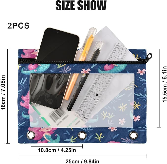 Beautiful Mermaid Pencil Pouch Fits standard 3-ring binders, Zipper Binder Pencil Bag with Clear Window for Class Office 2 Pack