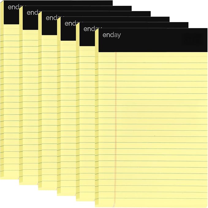 Yellow Legal Notepads 5x8, Pack of 6 - legal Ruled Writing Pad. Perforated Edge. Canary Yellow, Universal, Junior Size, 50 sheets per Pad. By Enday