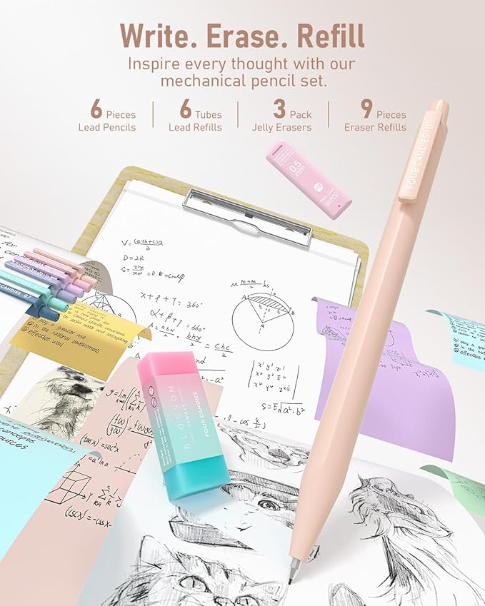 Four Candies School Supplies with Cute Pen Case, 39ct, Cream | Back to School Stationery Set, Essentials for College & Nursing Students, 5 Gel Pens, 6 Mechanical Pencils, 12 Highlighters