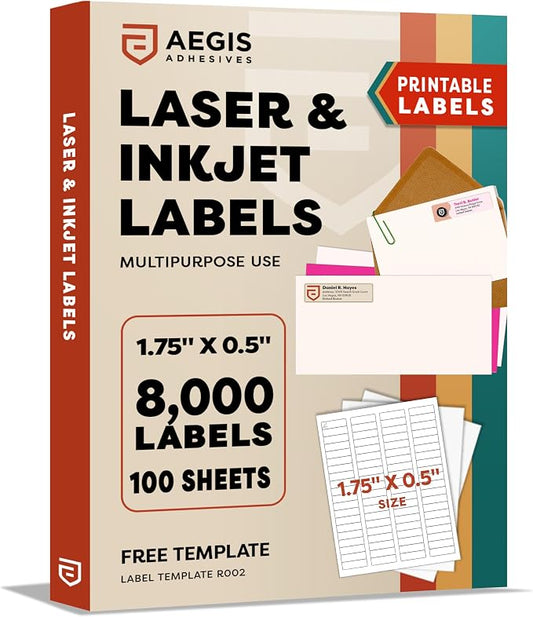 Shipping Labels, Address Labels for Laser Inkjet Printers, 1.75x0.5 Inches | Printable Custom Labels, Mailing Labels for Envelopes, File Folder-Aegis Adhesives Template R002 (100 Sheets, 8000 Stickers)