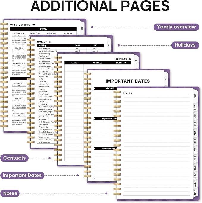 Planner 2026-2027, Academic Year Monthly and Weekly Calendar Planner, Jul 2026 - Jun 2027, Hardcover Teacher Student Planning Agenda book with Tabs, Perfect for School Office Supplies, 6.3" x 8.5" - Purple Iris