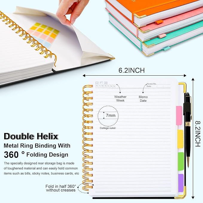 Hardcover Spiral Notebook 6.2"x 8.2" Journal Notebook with Tabs and Removable Dividers 300 Pages 5 Subject Notebook College Ruled, Faux Leather Spiral Bound Notebook for Women School Work (Black)