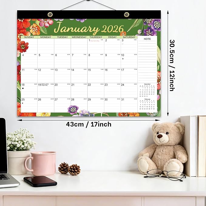 AECCN Desk Calendar 2026-2027 18 Months, 17" x 12" with Stickers | Ample Daily Writing Space | Thick No-Bleed Paper | Cute Flower Design | for Home, School & Office