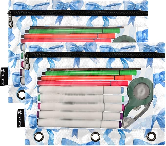 Binder Pencil Pouches Blue Ribbon Bows Watercolor Pen Case | Clear Window 3 Rings, Cosmetic Bags School Office Supplies Cosmetic Makeup Bag 2 Psc