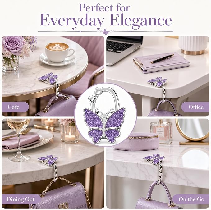 Purse Hook for Table, Foldable Handbag Hanger for Women, Portable Bag Holder with Non-Slip Base, Cute Matte Purple Butterfly Purse Table Hook for Restaurant Office Travel Gift