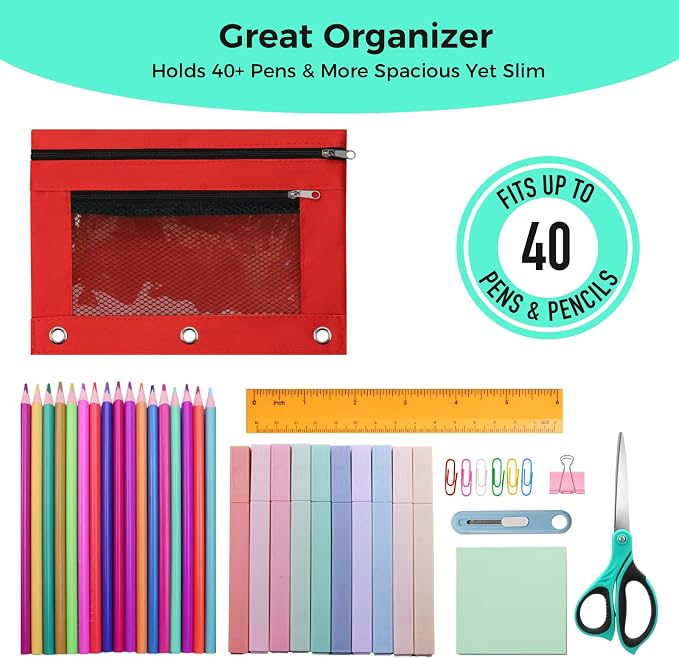Pencil Pouch for 3 Ring Binder, Pencil Case with Zipper, 600D Fabric Pencil Pouch Bag Holder Accessories, Clear Window Pencil Case Aesthetic Back to School Organizer Pockets for Boy Girl (Red)