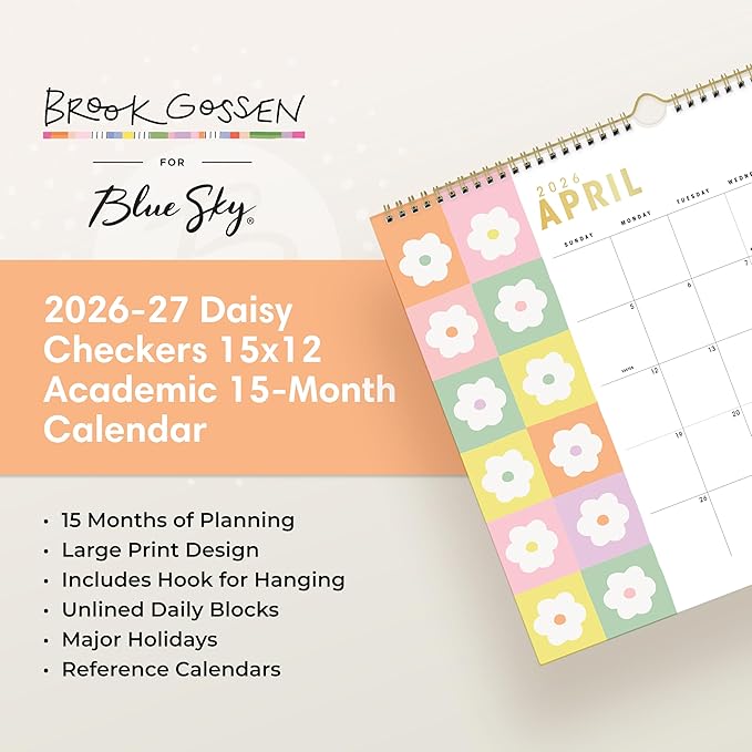 Blue Sky 2026-2027 Monthly Academic Wall Calendar, 15"x12", Daisy Checkers | 15-Month, April 2026 - June 2027, Twin Wire Binding, Colorful Interior, Office And Classroom, Academic Year, Brook Gossen