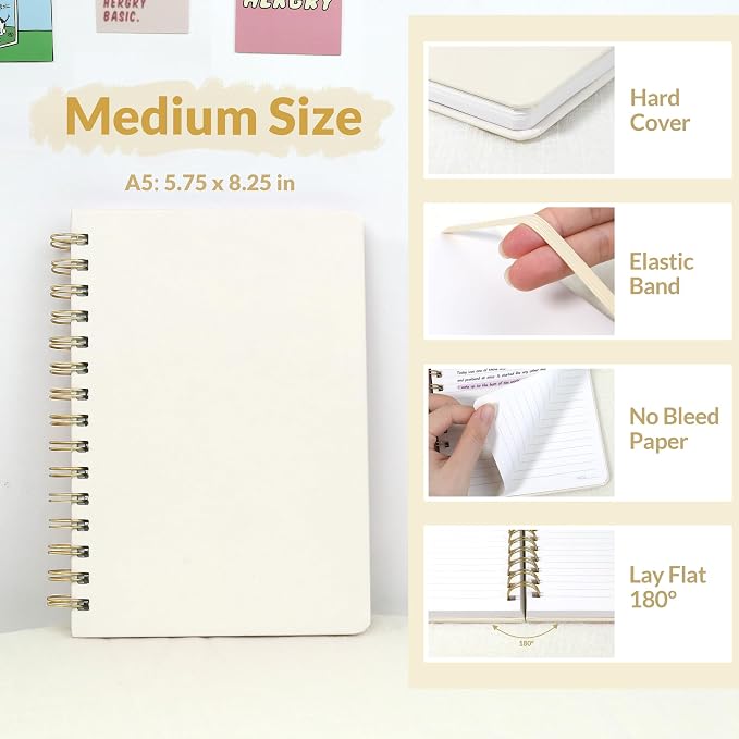 SUNEE Lined Spiral Journal Notebook for Women, 146 Pages College Ruled Hardcover Journaling Notebook for Work, Note Taking and Office School Supplies, A5 - Beige