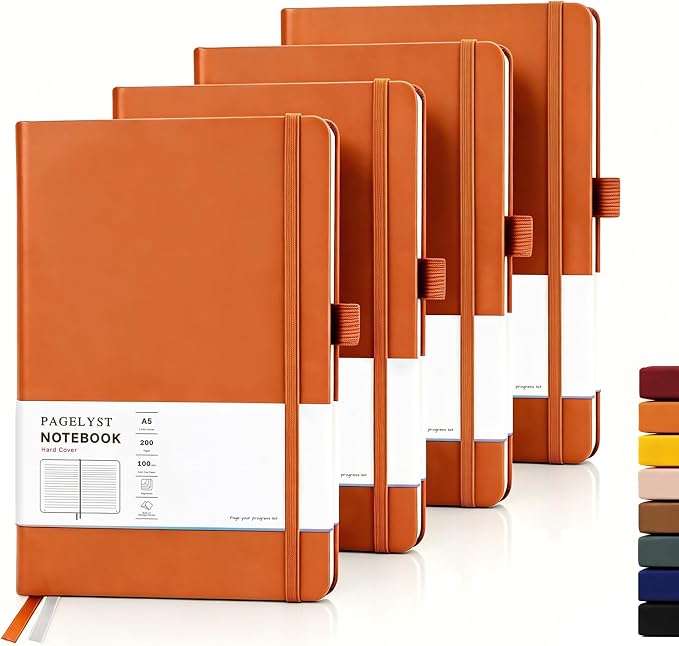 PAGELYST Lined Journal Notebook, 4 Pack Leather Journal for Women Men, 200 Numbered Pages, A5 Medium 5.7'' x 8.3'', 100 GSM Thick Paper for Journaling, Writing, Work & Office (Orange)