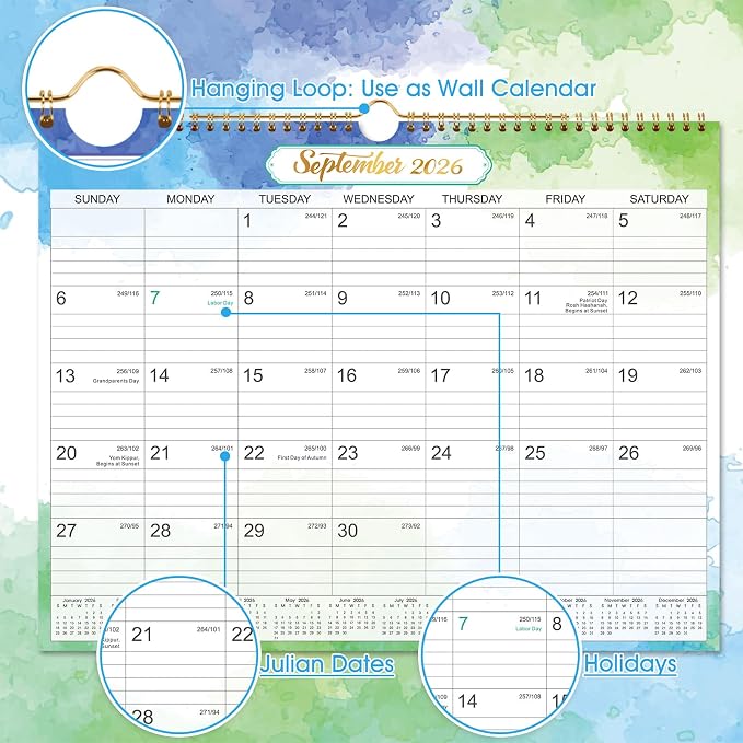 2026-2027 Wall Calendar - 2026-2027 Calendar, 18 Months Calendar, Jul.2026 - Dec.2027, Monthly Calendar with Julian Date, 15 x 11.5 in, Twin-Wire Binding, Great for Hanging on The Wall, Color Design