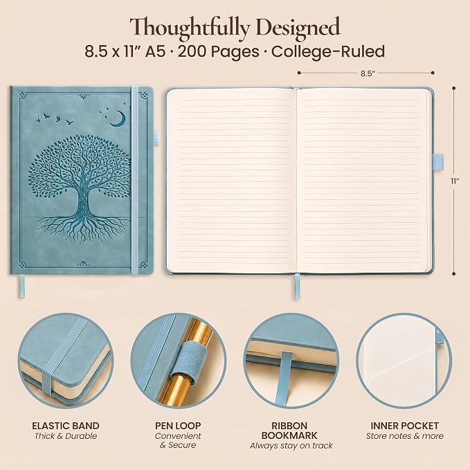 Lined Journal Notebook Hardcover Leather Bound 200 Pages A4 Blue Diary | College Ruled 8.5x11" Journaling Notebooks for Men & Women, Writing for Personal, Large Travel Daily Note Book Tree of Life