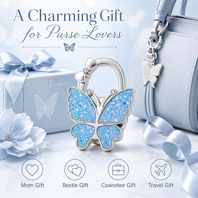 Purse Hook for Table, Foldable Handbag Hanger for Women, Portable Bag Holder with Non-Slip Base, Cute Star Light Blue Butterfly Purse Table Hook for Restaurant Office Travel Gift