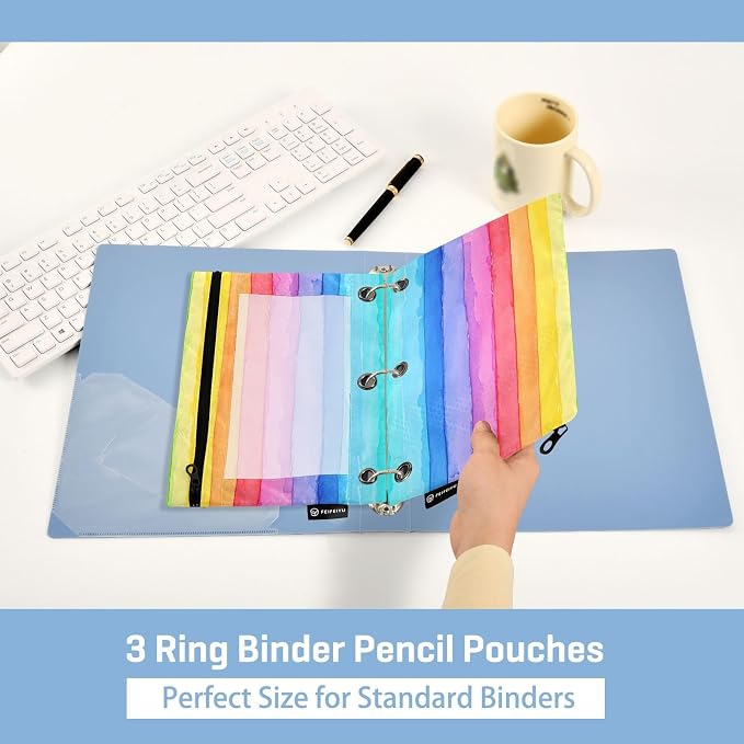 Gredecor 3 Ring Binder Pencil Pouch, Bright Striped Watercolor Zippered Pen Case Pouches with Clear Window, 2 Pack Stylish Office & School Supplie