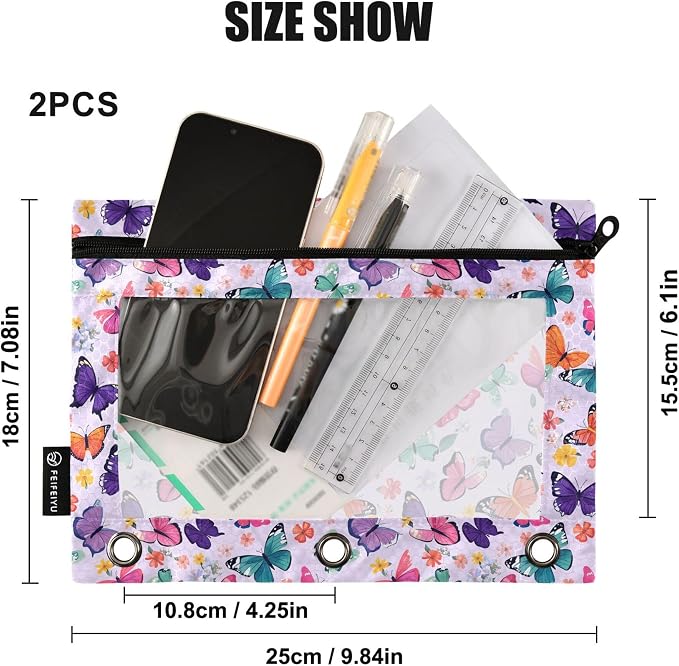 Butterfly Lavender Binder Pouches 3 Ring for Boys Girls School Office College Supplies Purple Rose Flower Pencil Pouches Case Bag with Clear Window and Zipper 2 Pack