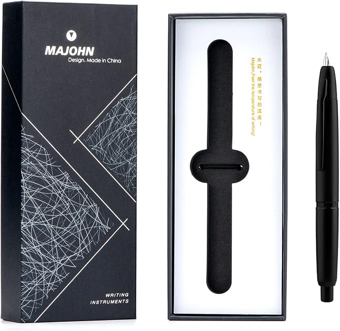 erofa Majohn A1 Press Fountain Pen with Box, Retractable Extra Fine Nib Metal Matte Black Ink Pen with Converter for Writing