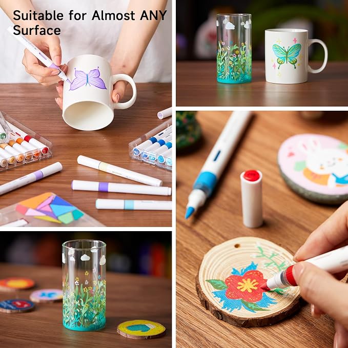 Shuttle Art Automatic Ink Control Acrylic Paint Markers, 60 Colors Brush Tip Acrylic Paint Pens for Rock, Ceramic, Wood, Canvas, Glass, Stone, Fabric, Card Making, DIY Football Crafts, FlipFunAlong