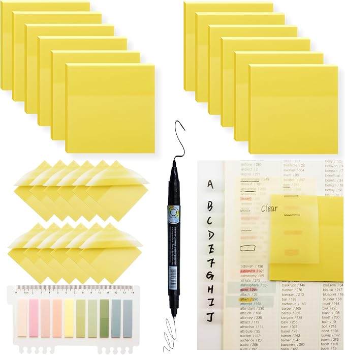 YOUDEFUL 800Pcs Transparent Sticky Notes, Morandi Yellow Clear Sticky Notes, 3"x3" Waterproof Translucent Sticky Note Pads, Index Tabs, Clear Post it Notes for Bible Study, See Through Sticky Notes