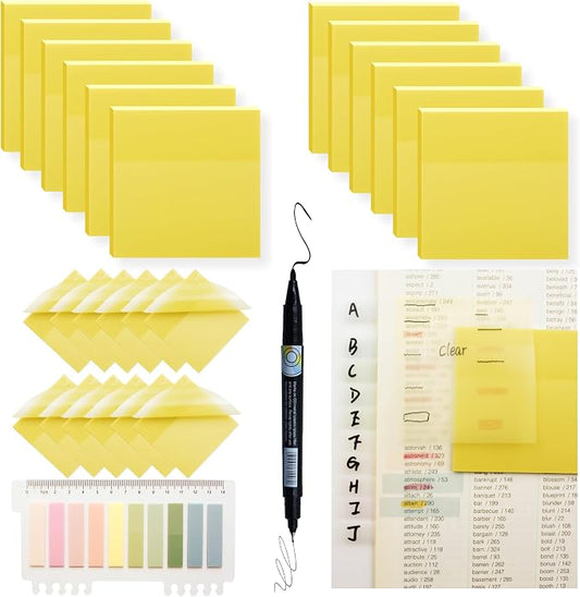 YOUDEFUL 800Pcs Transparent Sticky Notes, Morandi Yellow Clear Sticky Notes, 3"x3" Waterproof Translucent Sticky Note Pads, Index Tabs, Clear Post it Notes for Bible Study, See Through Sticky Notes