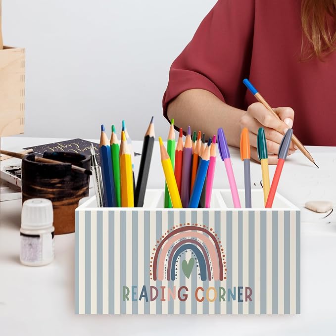 Reading Corner Decor Pen Pencil Holder Organizer for Desk, Boho Rainbow Bookish Wooden Box Signs Decorations for Reading Nook Room Library Desk Tabletop, Book Lover Reader Bookworm Gifts