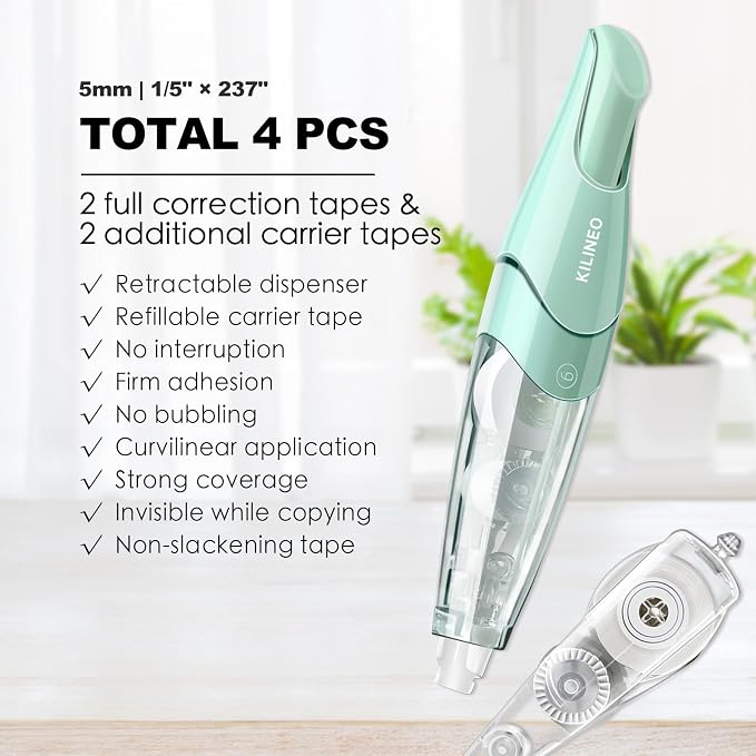 Refillable Retractable White Correction Tape, Pen Shaped White Smooth Pull Out Japanese Aesthetic Cute Correction Tape for Office Supplies, 4 PCS (ZH-67)