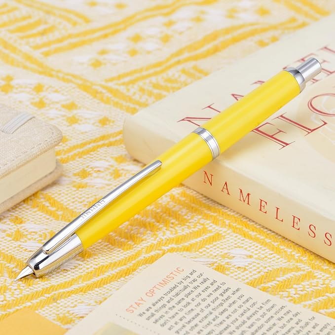 Jinhao 20 Press Retractable Fountain Pen Medium Nib with Converter Resin Writing Gift Pen, Yellow with Silver Clip