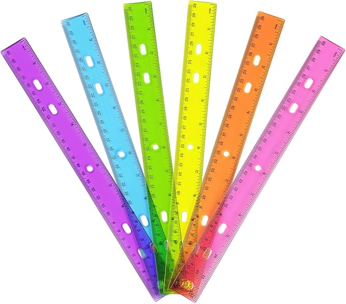 ZZTX 6 Pack Color Transparent Ruler Plastic Rulers 12 Inch | Clear plastic, Dual scale, For school home office