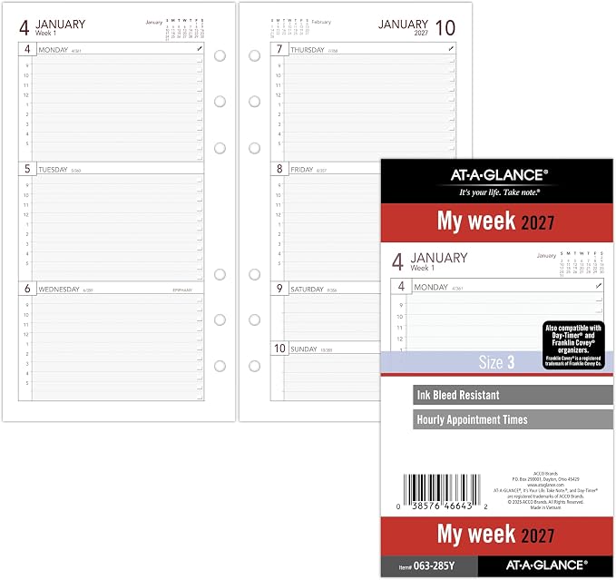 AT-A-GLANCE 2027 Planner Refill, Weekly, 3.75" x 6.75", Portable Size 3, 6-Ring Loose-Leaf (063-285Y-27)