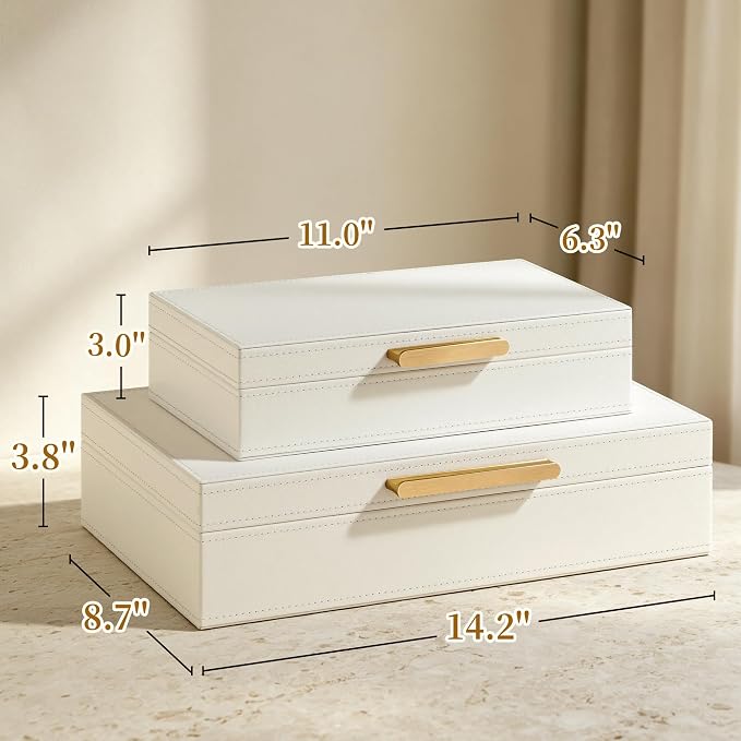 JARLINK Decorative Storage Boxes with Lids, PU Leather Bins, 2 Pack, White | Elegant Keepsake & Memory Boxes for Photos, Documents & Remotes, Premium PU Leather Organizers for Bookshelf & Home Decor