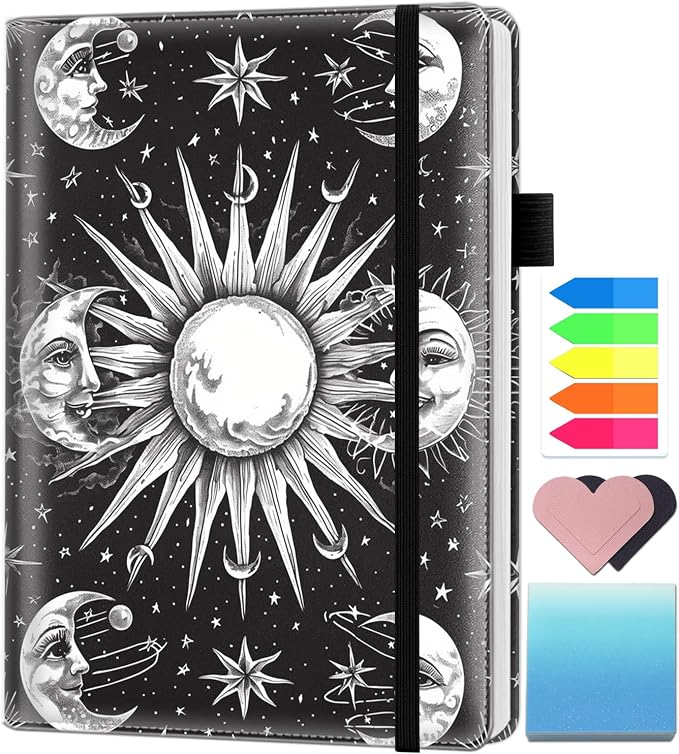 A5 Leather Lined Journal Notebook, 200 Pages Hardcover Executive Notebook for Office School Note Taking, Thick Writing Paper Daily Journal with Bookmarks/Indexes, Black and White Sun Moon