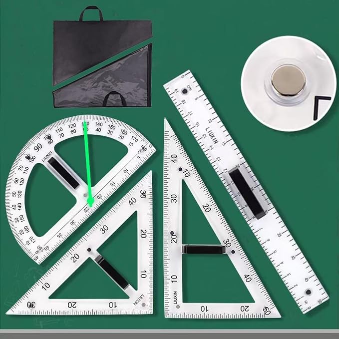 Magnetic Geometry Tool Set Clear Drafting Tools Mathematics Protractor, Triangular Scale Ruler Math Classroom Teaching Measurement Set Oversized Ruler (Transparent 4-piece Set)