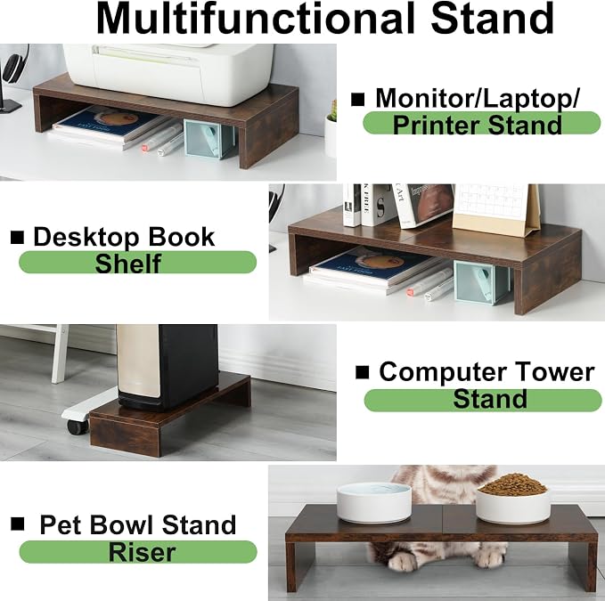 TEAMIX 2 Pack Monitor Stand Riser-20 inch, Wooden Tabletop Shelf for TV/PC/Laptop/Printer, Rustic Brown Monitor Riser with Storage, Computer Stand Ergonomic Design
