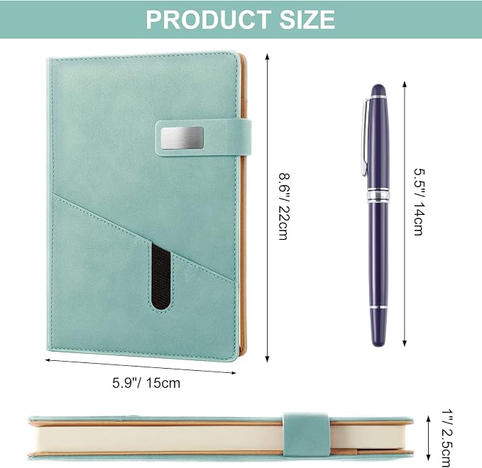 A5 Lined Leather Journal with Pen, 240 Pages Refillable Hardcover Notebook with Pocket and Magnetic Buckle, 80gsm Thick Daily Diary for Men Women, Great Gift for Business Travel Personal - Light Green